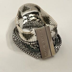 Victoria Emerson Bracelet Multi Strand Beaded Glass Gemstone Silver Tone Cuff